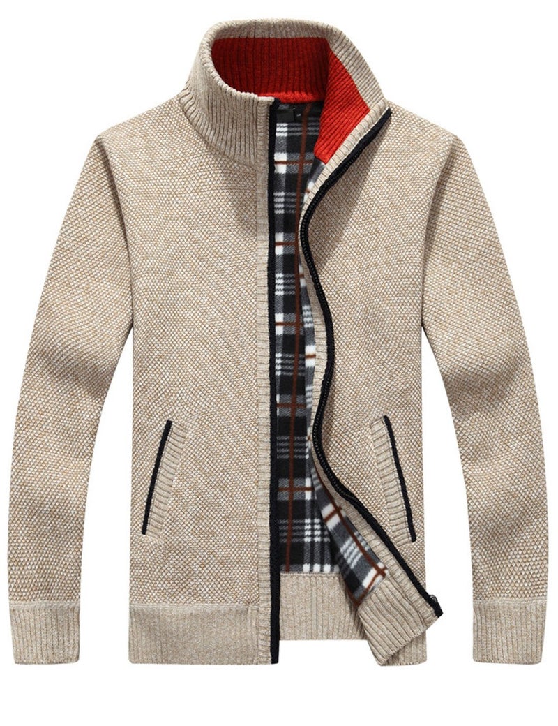 Yeokou Men's Casual Slim Full Zip Thick Knitted Cardigan Sweaters with Pockets (X-Large, Khaki001) - Image 1